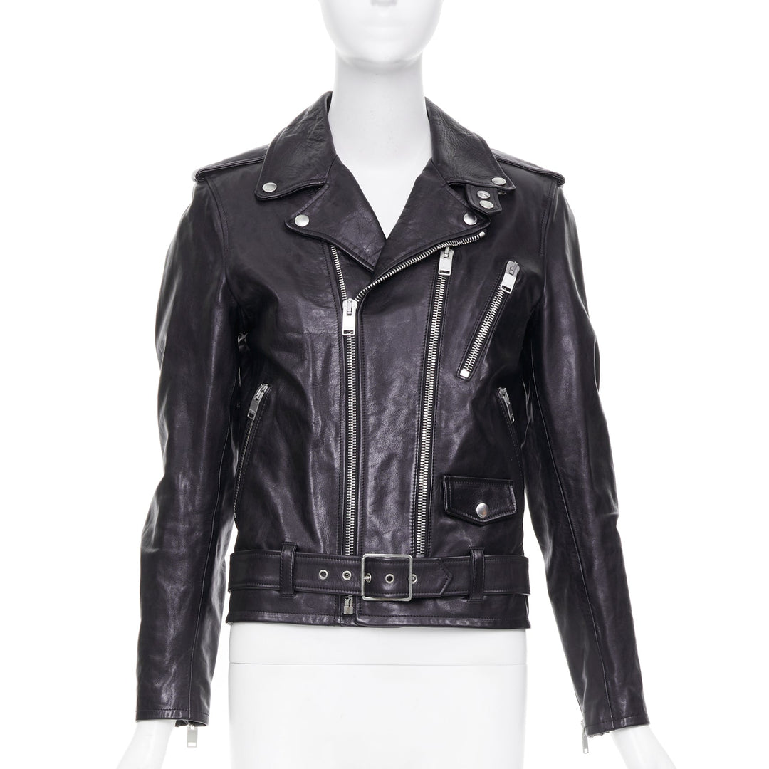 SAINT LAURENT 2016 L17 black calfskin leather buckled moto biker jacket FR44 XS