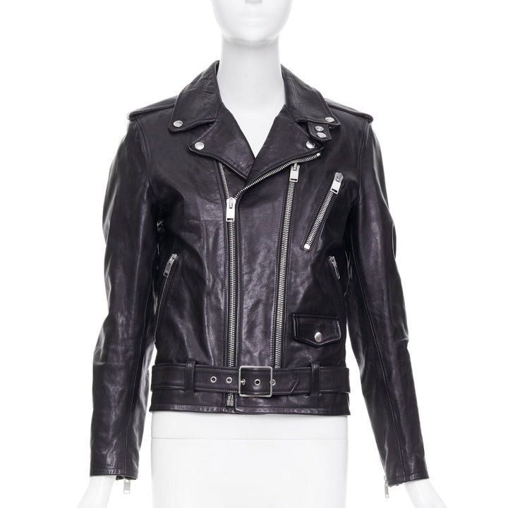 SAINT LAURENT 2016 L17 black calfskin leather buckled moto biker jacket FR44 XS