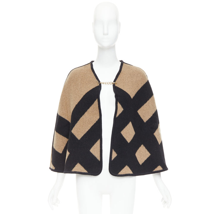 BURBERRY beige  House Check wool cashmere chained cape blanket poncho