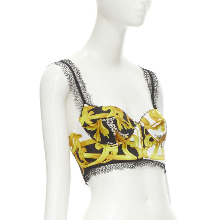 VERSACE Barocco Acanthus black gold print lace trimmed bustier bra IT38 XS