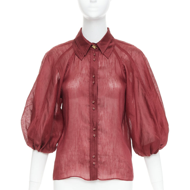 AJE Palms burgundy silk linen puff sleeve raglan multi buttons shirt UK6 XS