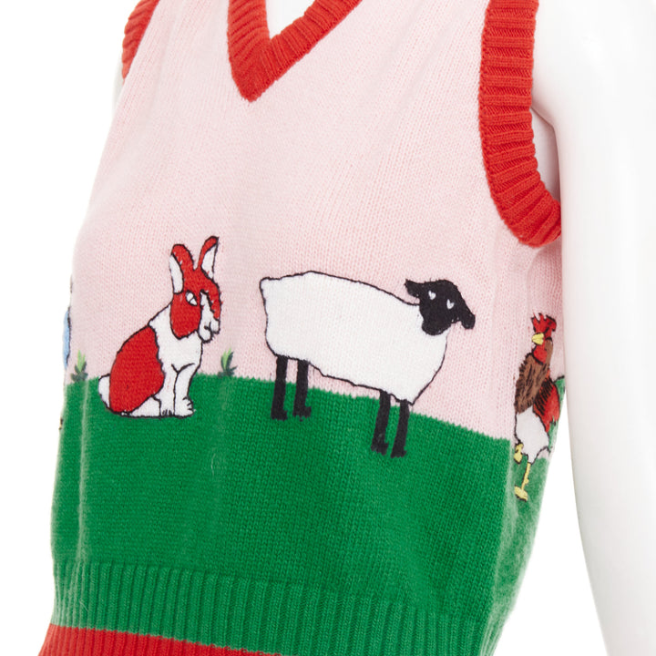 GUCCI 2017 pink green farmyard animal intarsia wool knit sweater vest XS