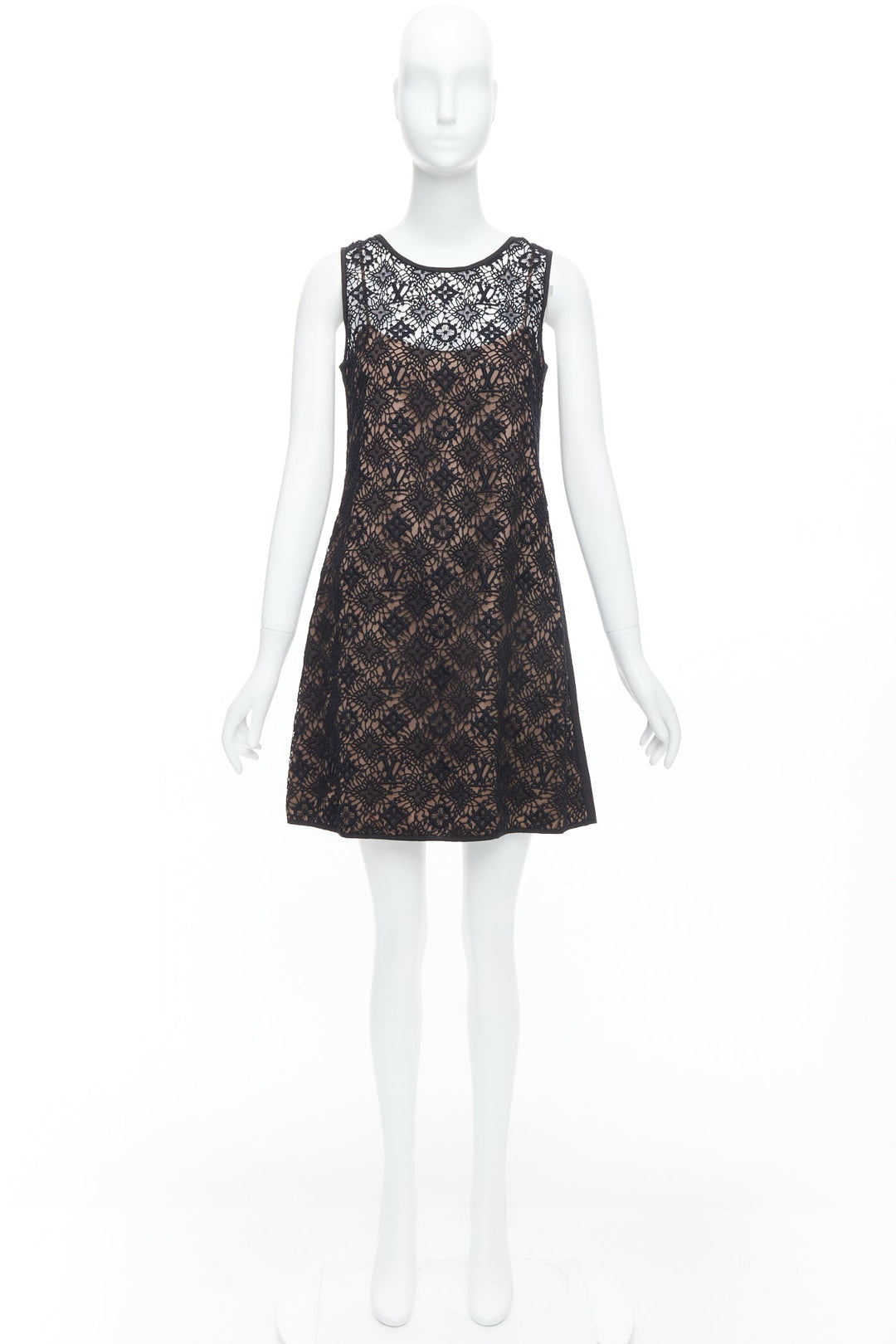 LOUIS VUITTON black overlay LV monogram lace A-line dress FR38 M