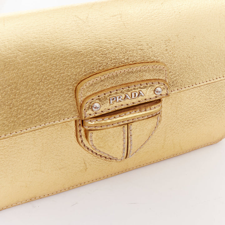 PRADA Vintage gold metallic leather silver logo flap crossbody bag