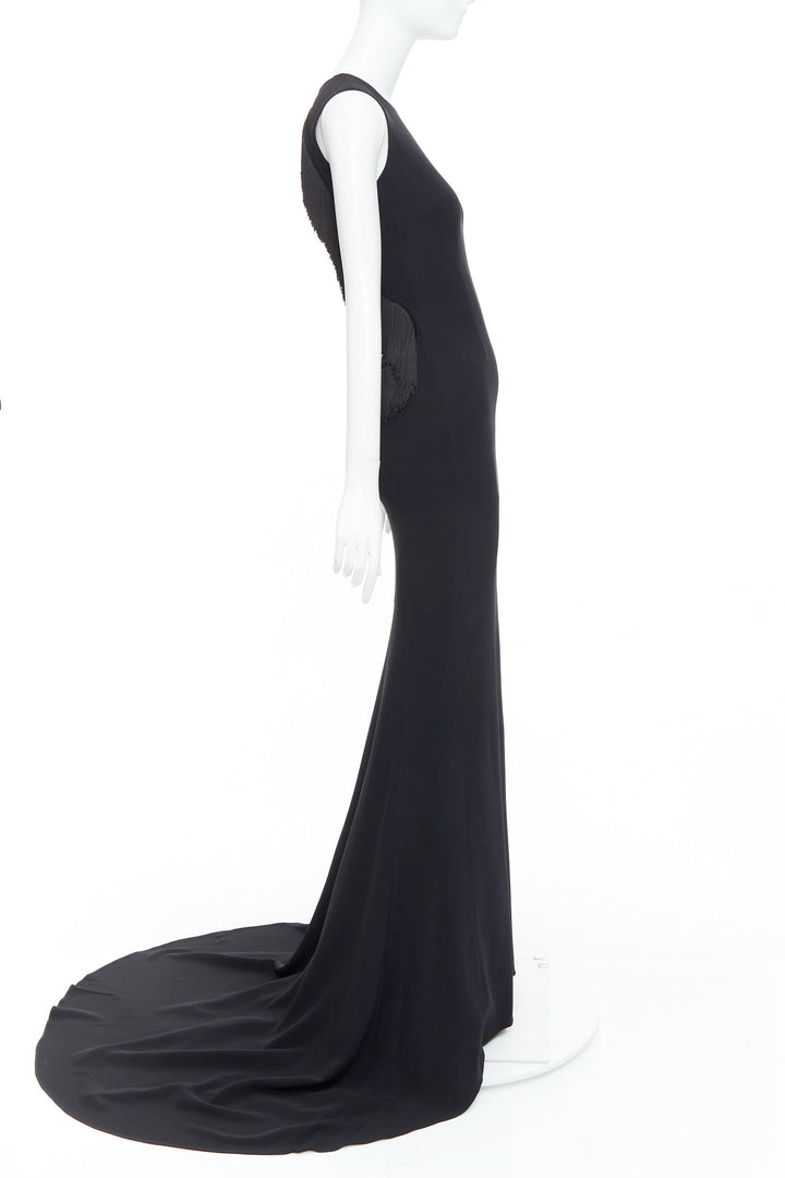 STELLA MCCARTNEY 2014 black fringe mesh back fitted long train gown IT36 XXS