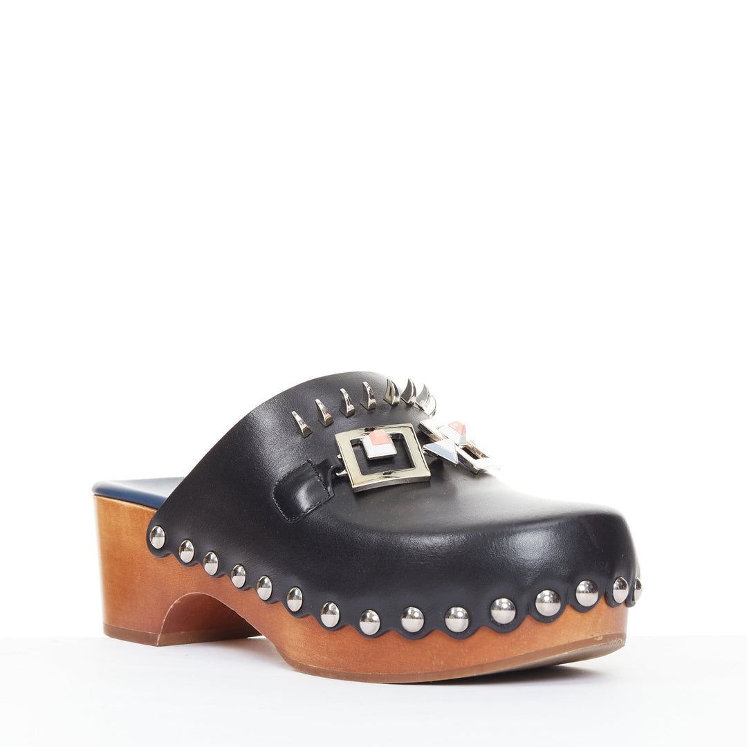 FENDI Hypnoteyes Monster Bag Bug black stud embellished wooden clog mules EU40