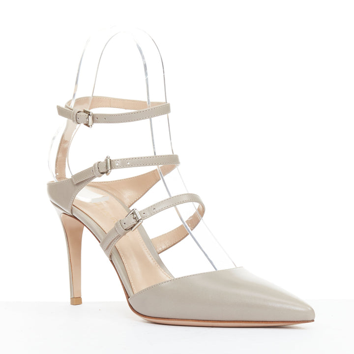 GIANVITO ROSSI Carey Mid Pointy dusty grey triple straps pointy pumps EU37.5