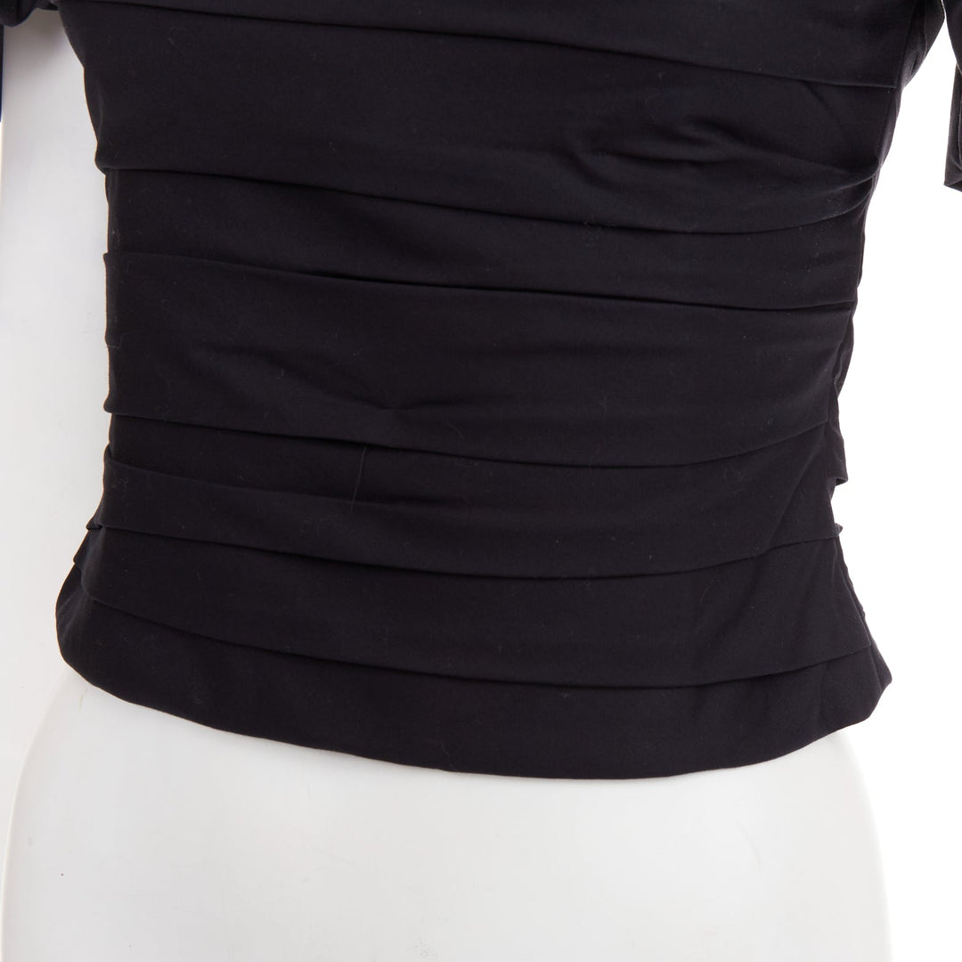 KHAITE Kai black cotton poplin puff sleeve pleated front bateau crop top US0 XS