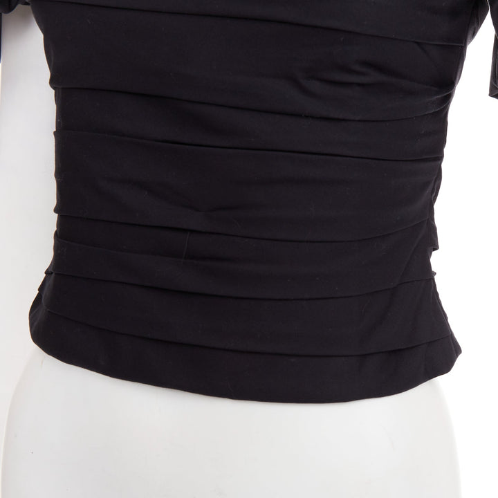 KHAITE Kai black cotton poplin puff sleeve pleated front bateau crop top US0 XS