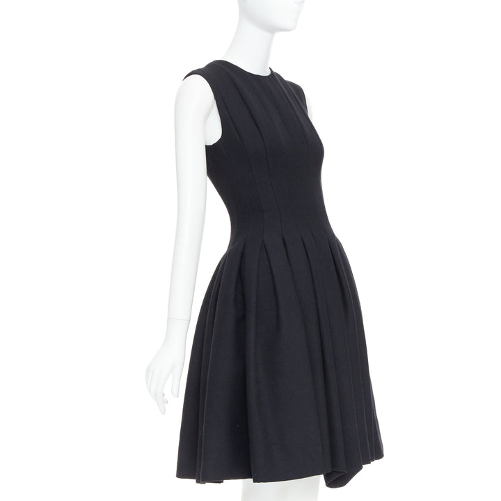 MS MIN black wool blend panelled fit flared knee dress Sz2