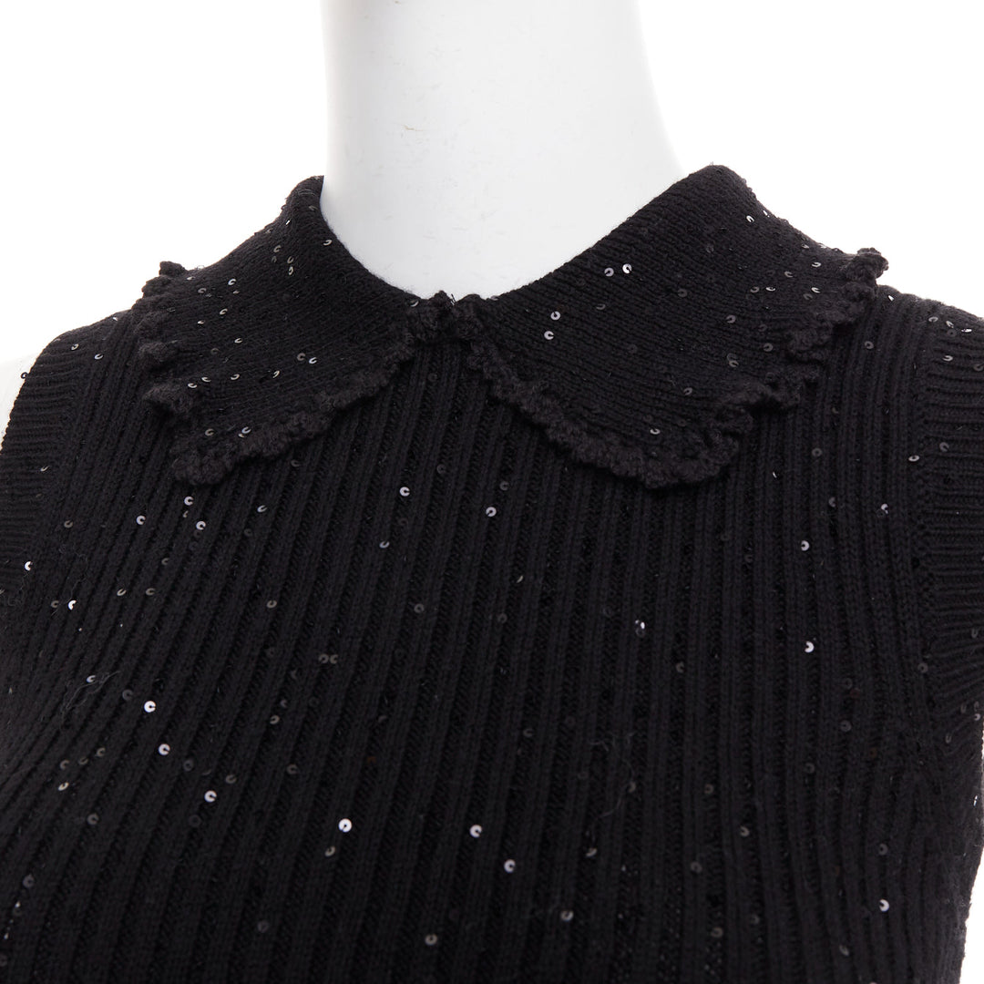 SHUSHU TONG black sequinned knit collared red logo rib crop vest UK6 XS