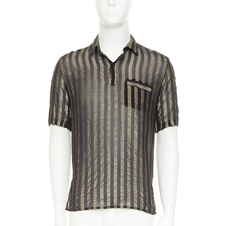 SAINT LAURENT 2019 Runway black gold metallic lurex striped sheer shirt EU38 S