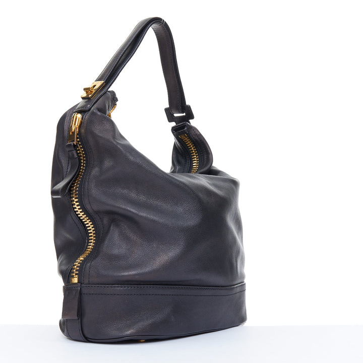 TOM FORD 2014 Jennifer oversized chunky gold zip black leather hobo bag pouch