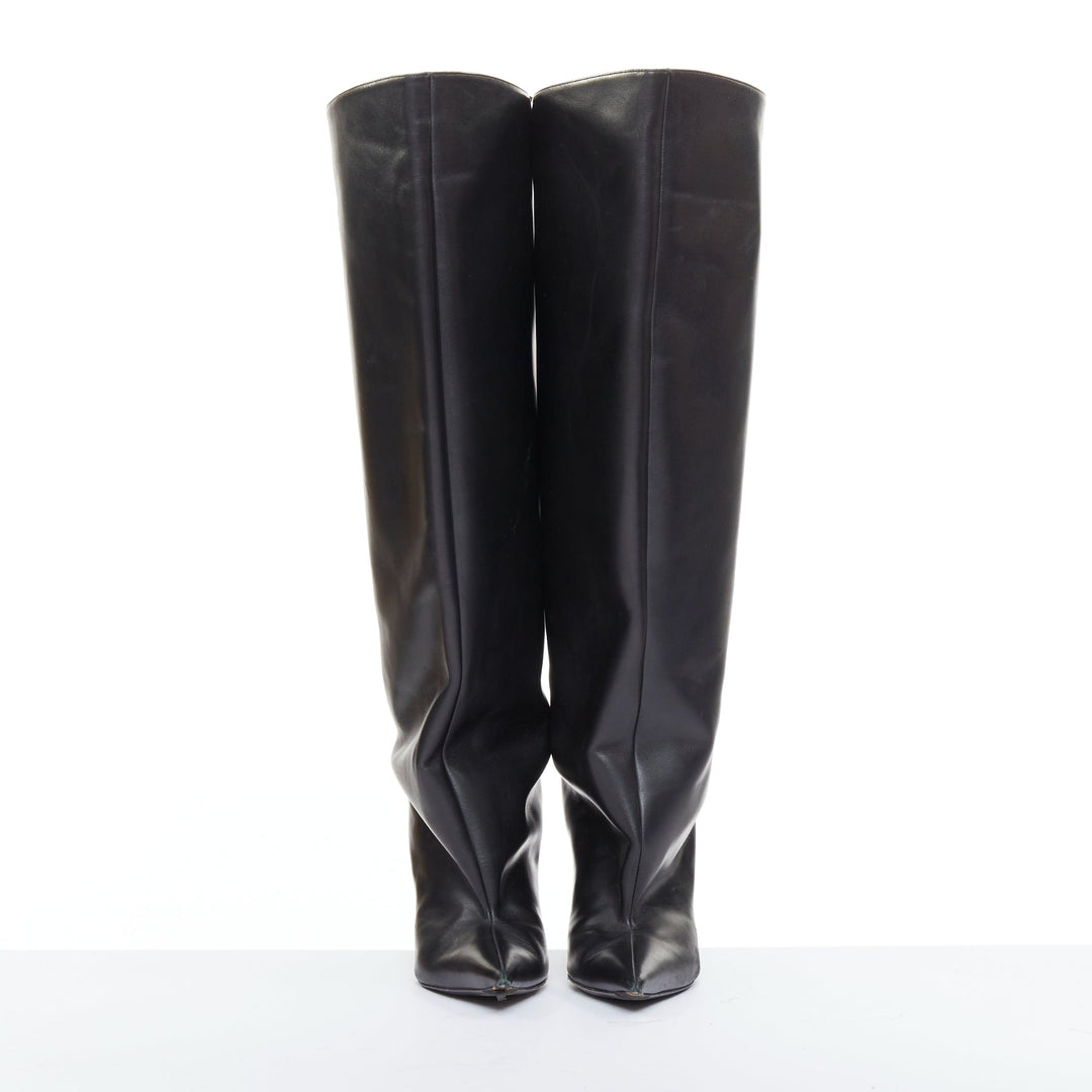 BALENCIAGA 2022 Runway Waders 90mm black leather flared shaft pointy boots EU