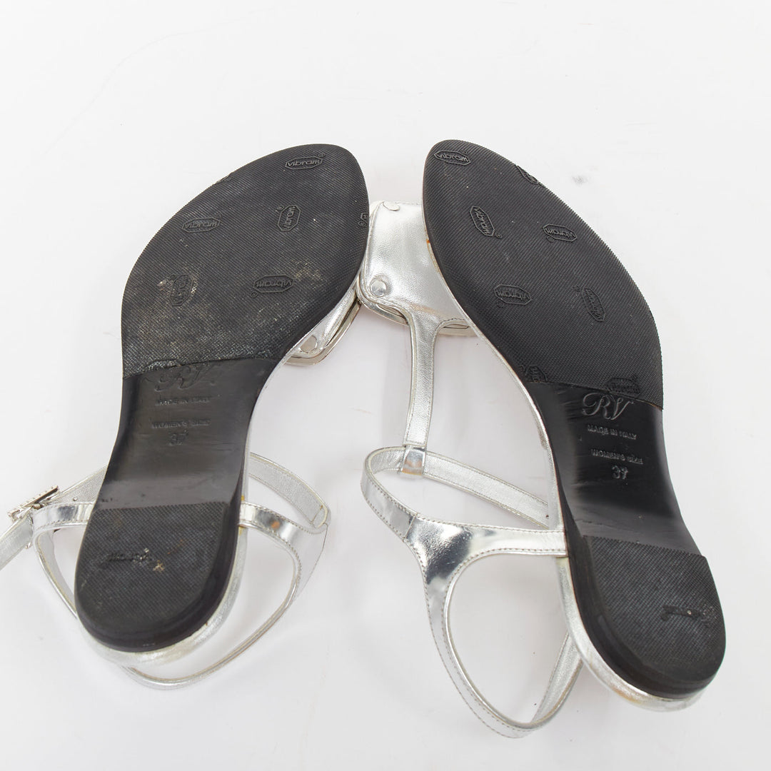 ROGER VIVIER silver crystal buckle metallic leather tstrap sandals EU37