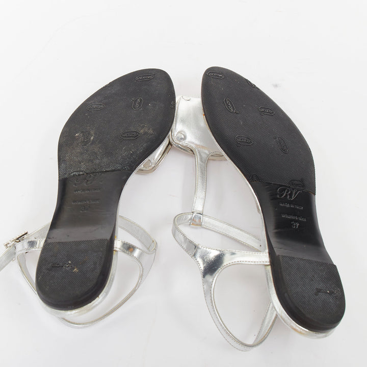 ROGER VIVIER silver crystal buckle metallic leather tstrap sandals EU37