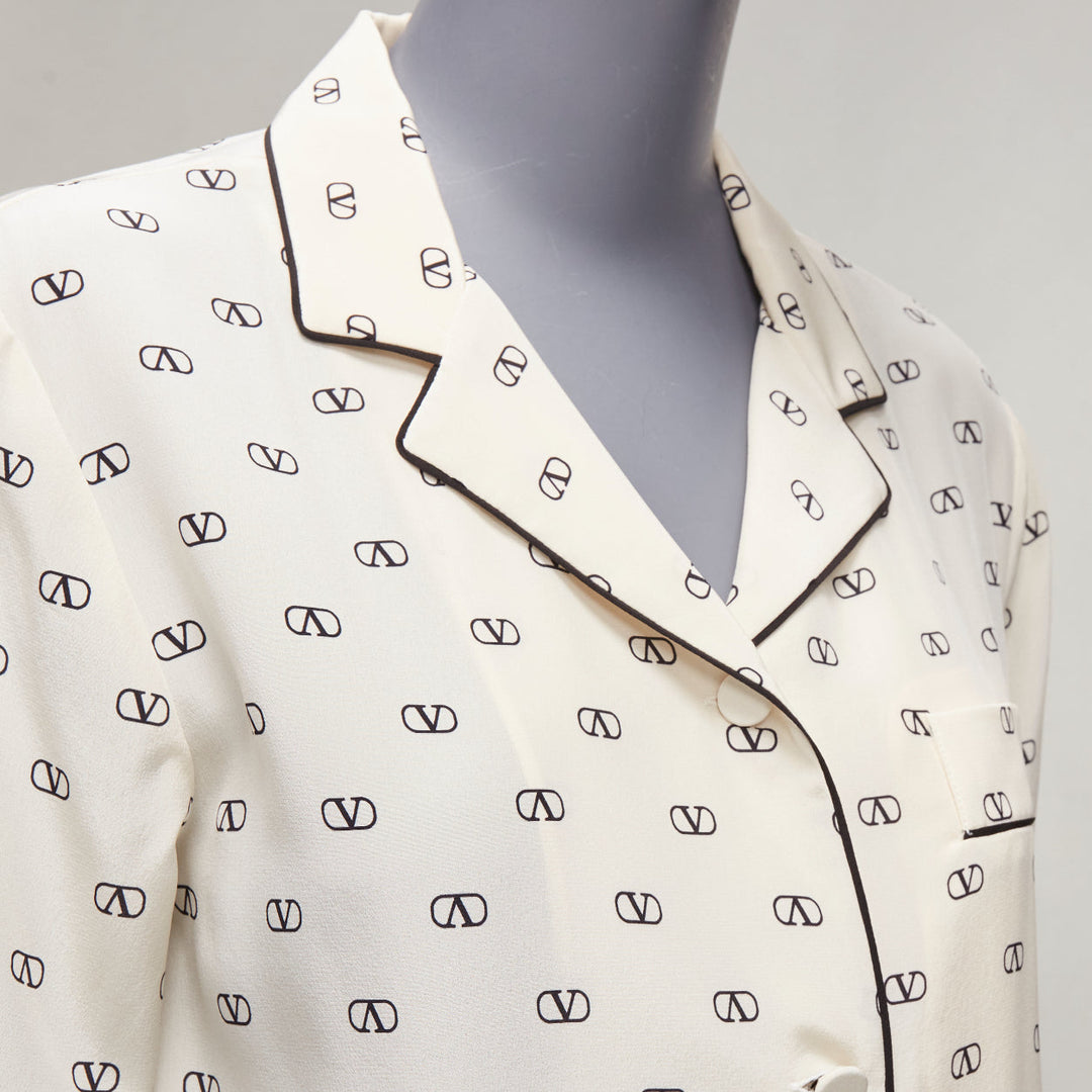 VALENTINO cream 100% silk V logo black piping collared pajama shirt IT36 XXS