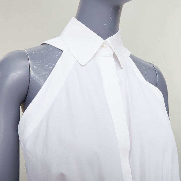 ALAIA white cotton floral eyelet drawstring tie waist tiered shirt dress FR36 S