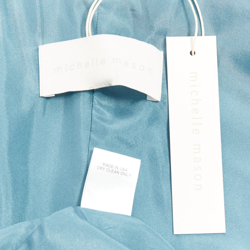 MICHELLE MASON teal blue 100% silk strappy cowl wrap high slit gown dress US4 S