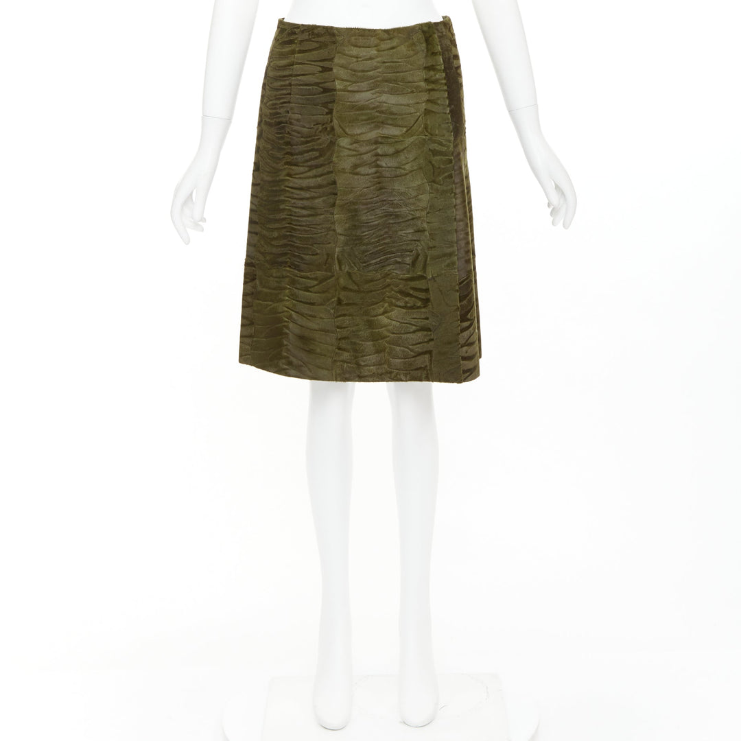 PRADA Vintage 2004 Runway moss green Persian lamb fur A-line knee skirt IT40 S