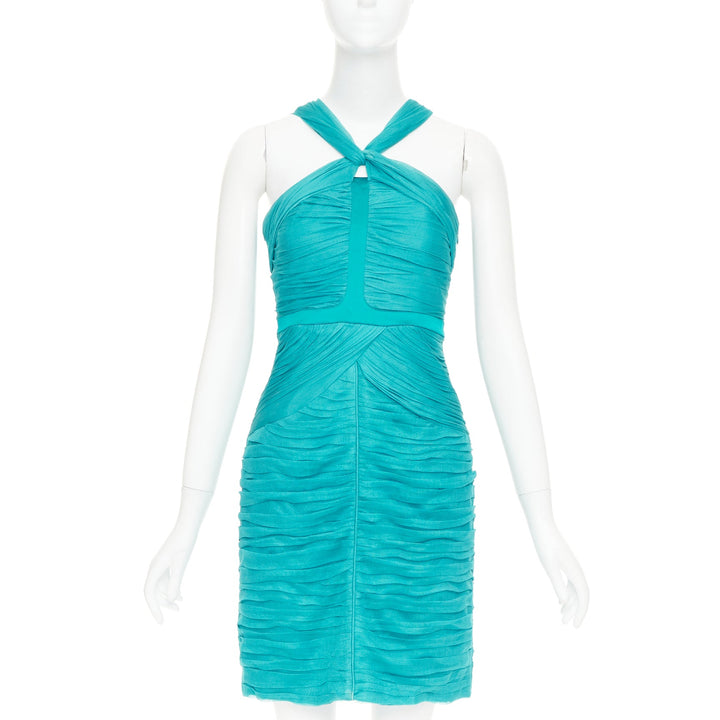 BURBERRY teal blue silk pleated satin front halter mini dress