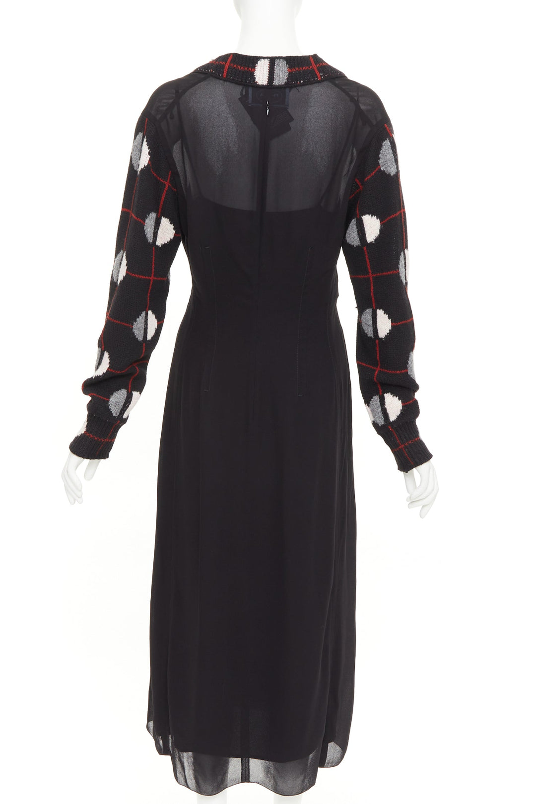 PRADA 2021 Runway black sable checkered wool sleeves V-neck midi dress IT38 XS