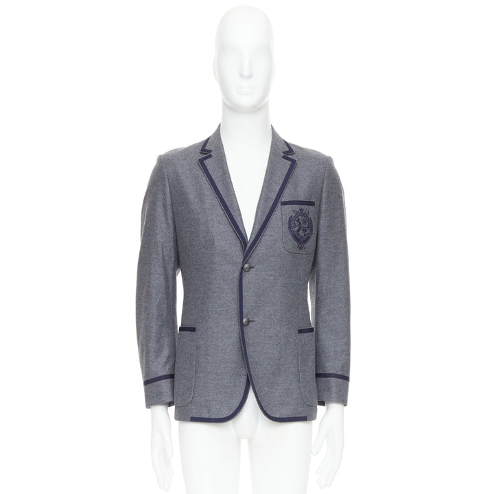 GUCCI grey wool blend navy web trim varsity emblem blazer IT52 XL