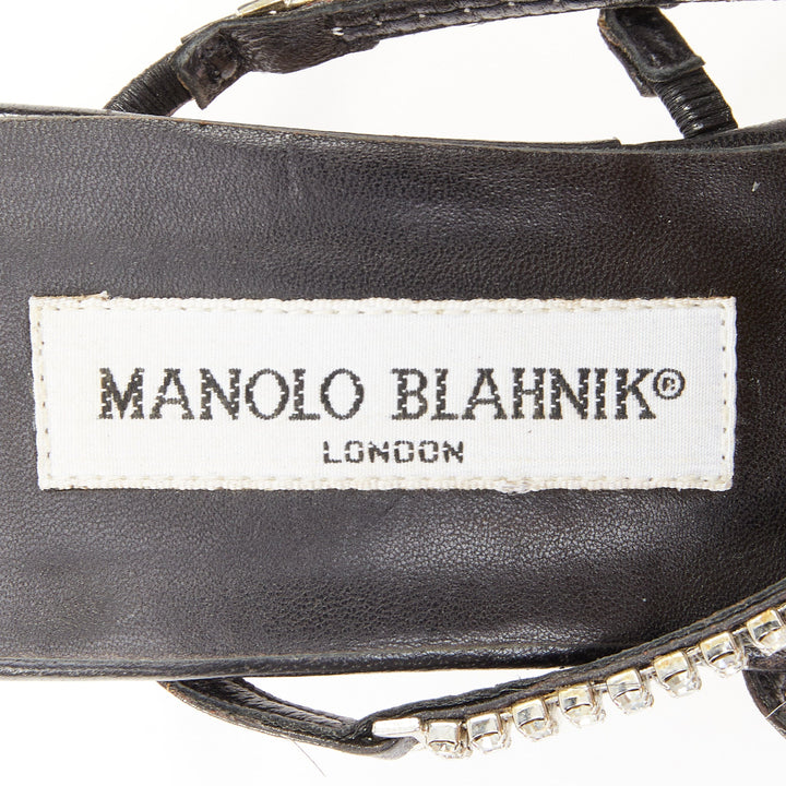MANOLO BLAHNIK Vintage black leather crystal toe ring stiletto sandals EU37.5