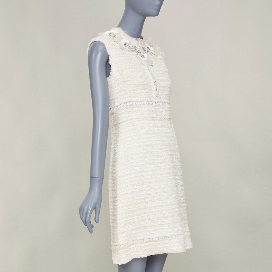 GIAMBATTISTA VALLI 2018 crystal embroidered neck ivory tweed dress IT40 XS