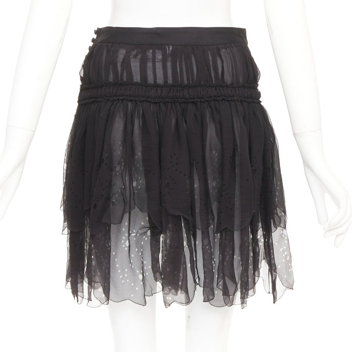 JOHN GALLIANO Gonna black 100% shirred silk laser cut holes prairie skirt FR36 S