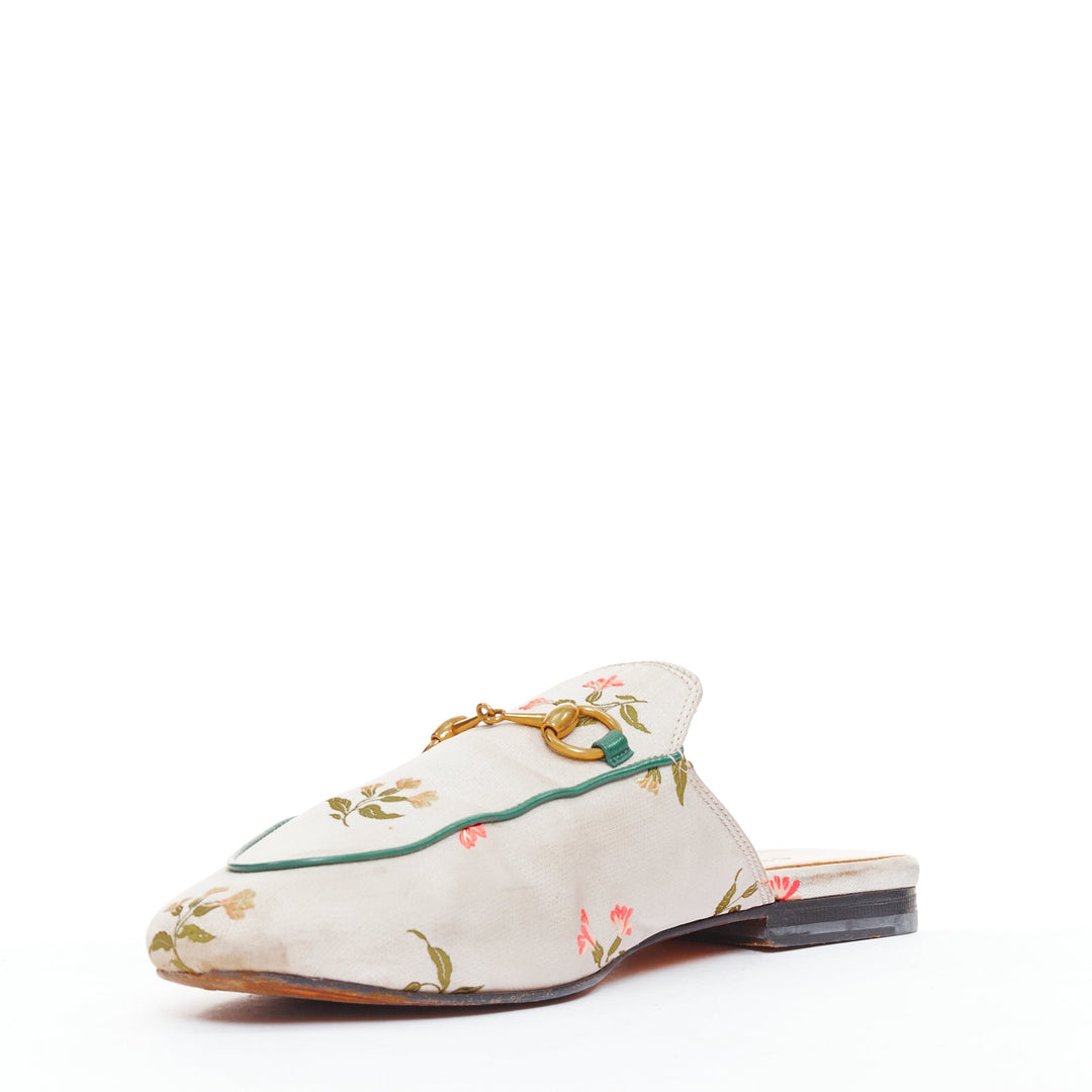 GUCCI Princetown grey floral jacquard gold horsebit mule loafer EU38