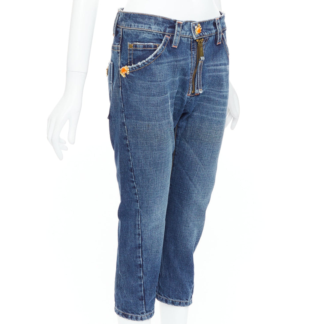 DSQUARED2 Vintage orange crab button logo blue denim cropped jeans IT38 XS