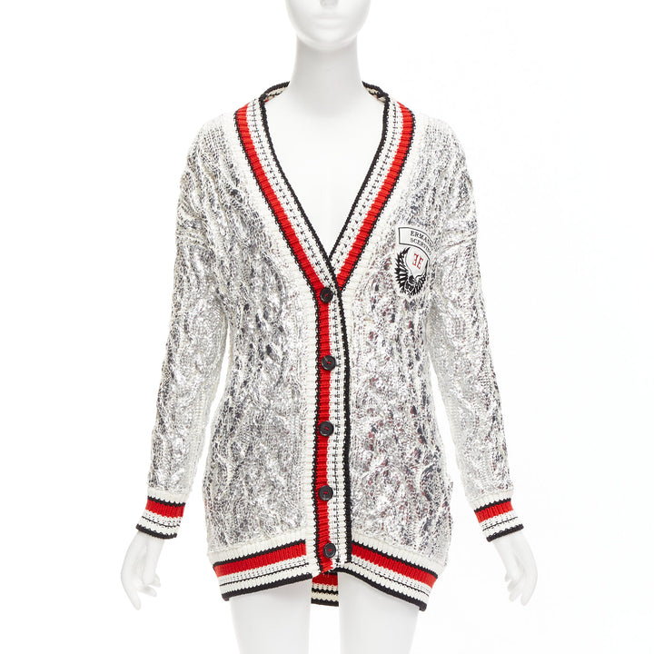 ERMANNO SCERVINO Over Sweatshirt silver laminated cotton cable knit cardigan S