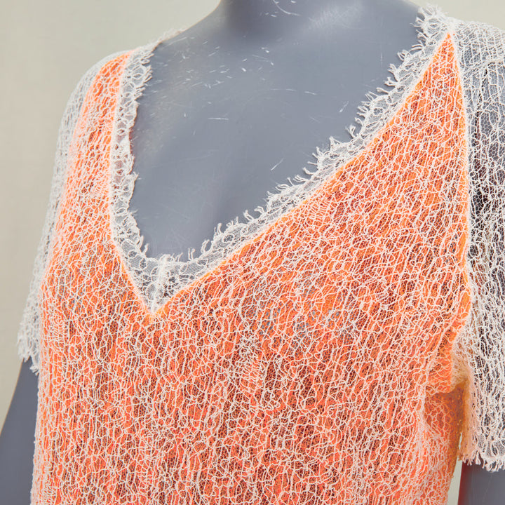 CHANEL 00P sheer orange white cotton lace layered knitwear top FR46 XL