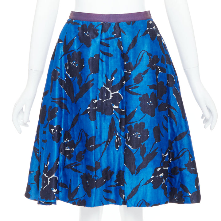 OSCAR DE LA RENTA S07 blue black silk cotton floral print full midi skirt US2 S