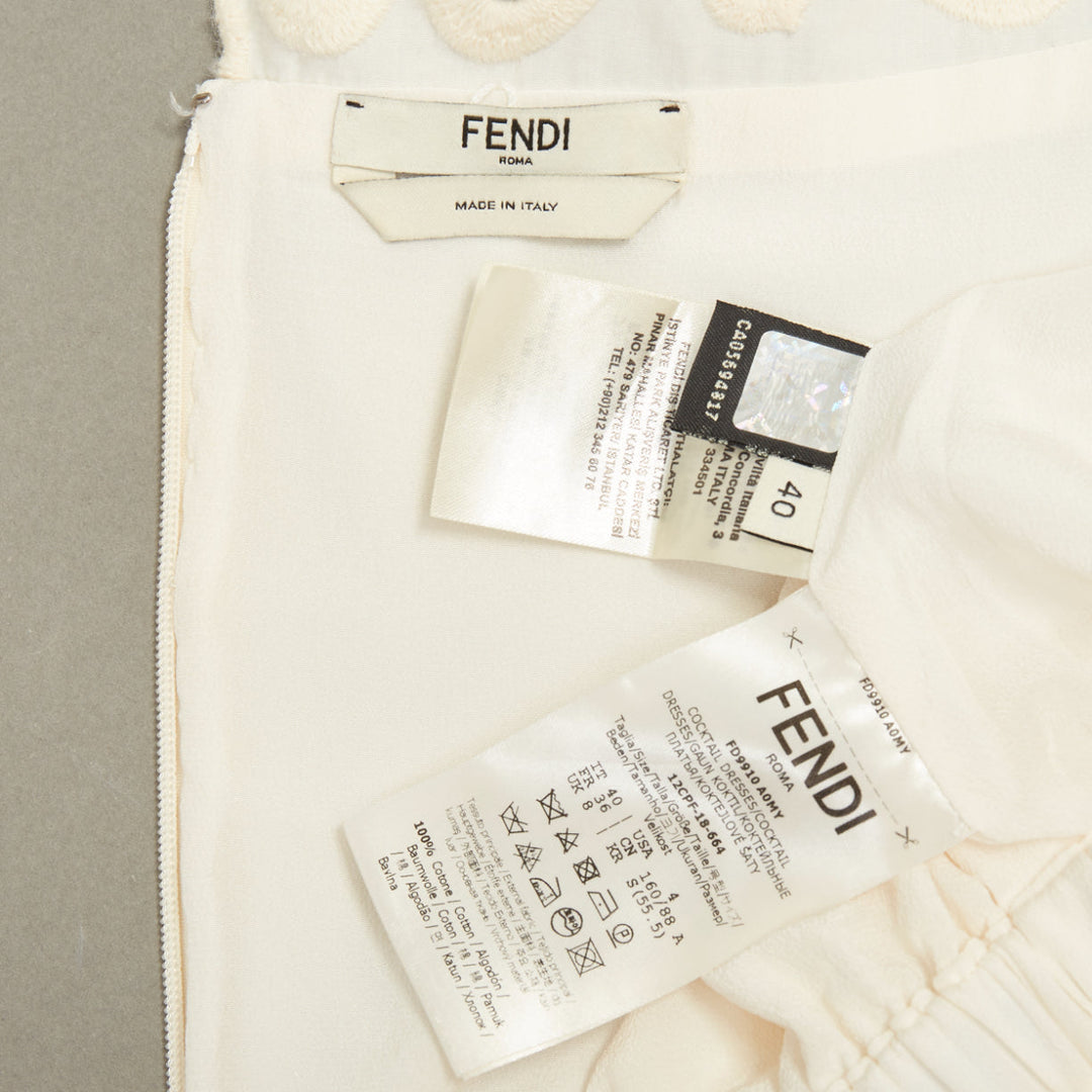 FENDI eyelet cutout scalloped yoke white cotton poplin midi dress IT40 S