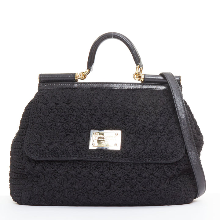 DOLCE GABBANA Sicily black crochet leather gold hardware top handle satchel bag