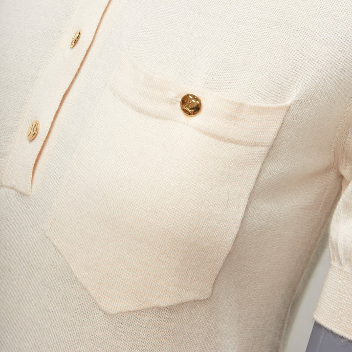 LOUIS VUITTON beige soft knit gold LV logo button pocketed polo shirt XS