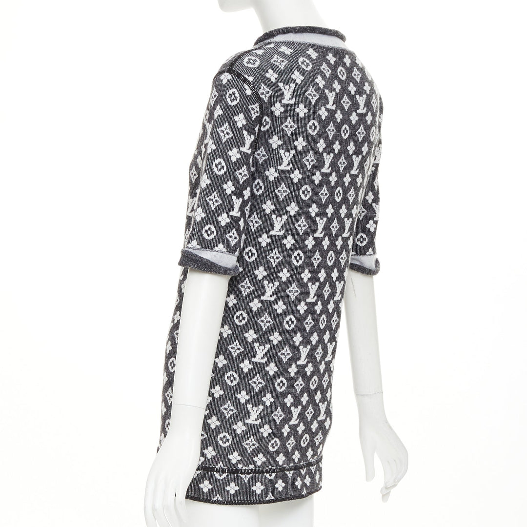 LOUIS VUITTON 2023 grey cream wool cotton LV monogram chain collar mini dress XS