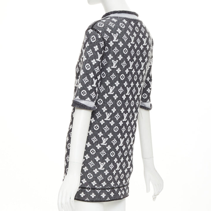 LOUIS VUITTON 2023 grey cream wool cotton LV monogram chain collar mini dress XS