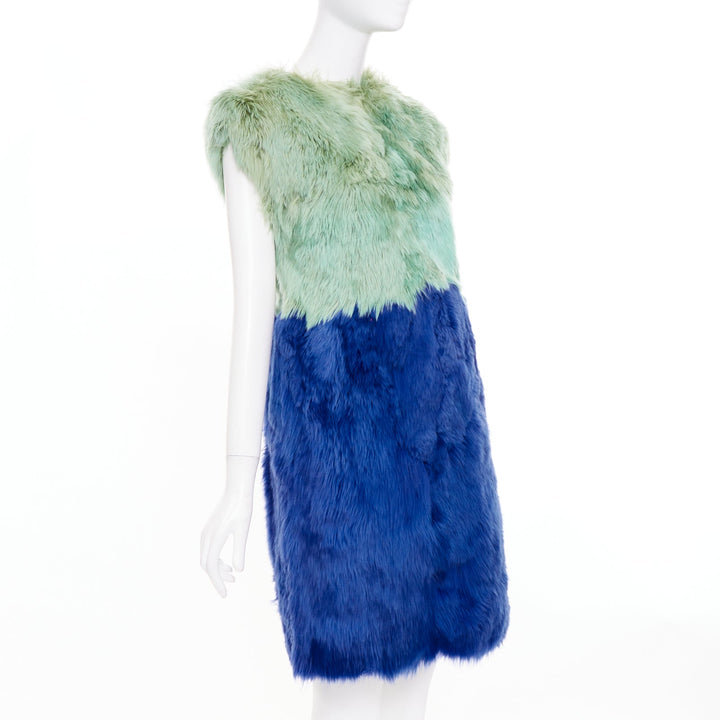 DOLCE GABBANA 2014 Runway colorblock green navy blue alpaca fur dress IT40 S