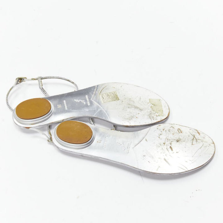 RENE CAOVILLA silver strass rhinestone T-strap flat thong sandals EU36