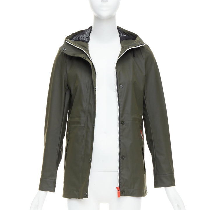 HUNTER Original dark olive green rubberized white zip rain jacket XXS