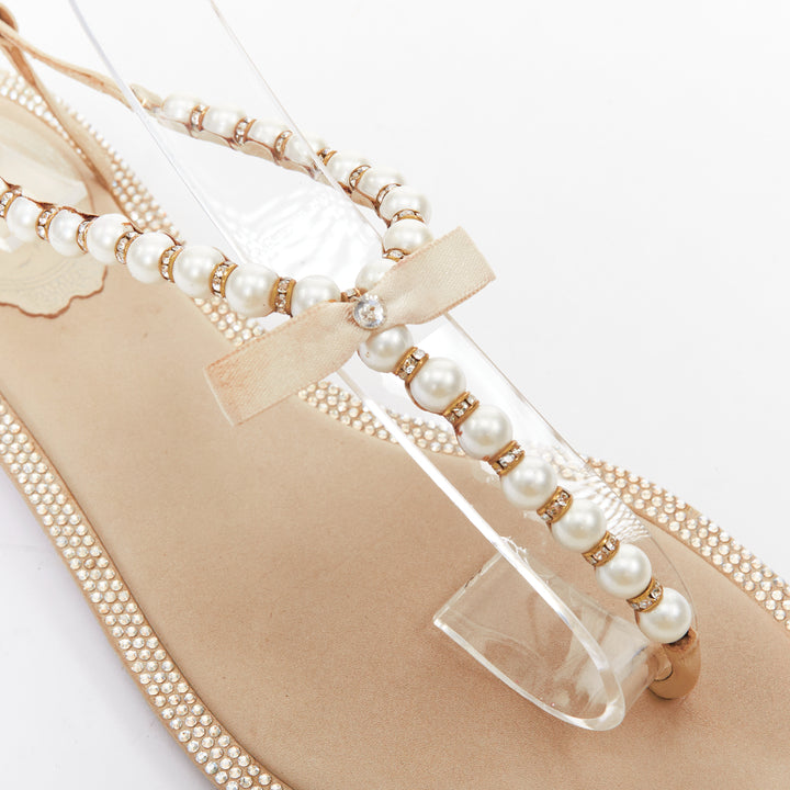 RENE CAOVILLA cream bow faux pearl tstrap strass trim flat sandals EU36