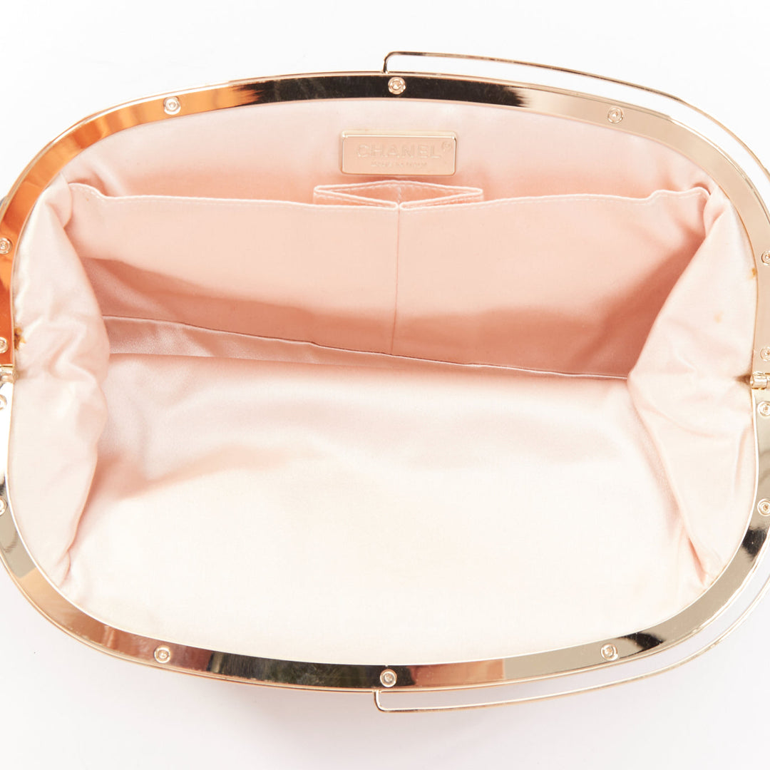 CHANEL Vintage black satin gold frame slide lock half moon evening clutch bag