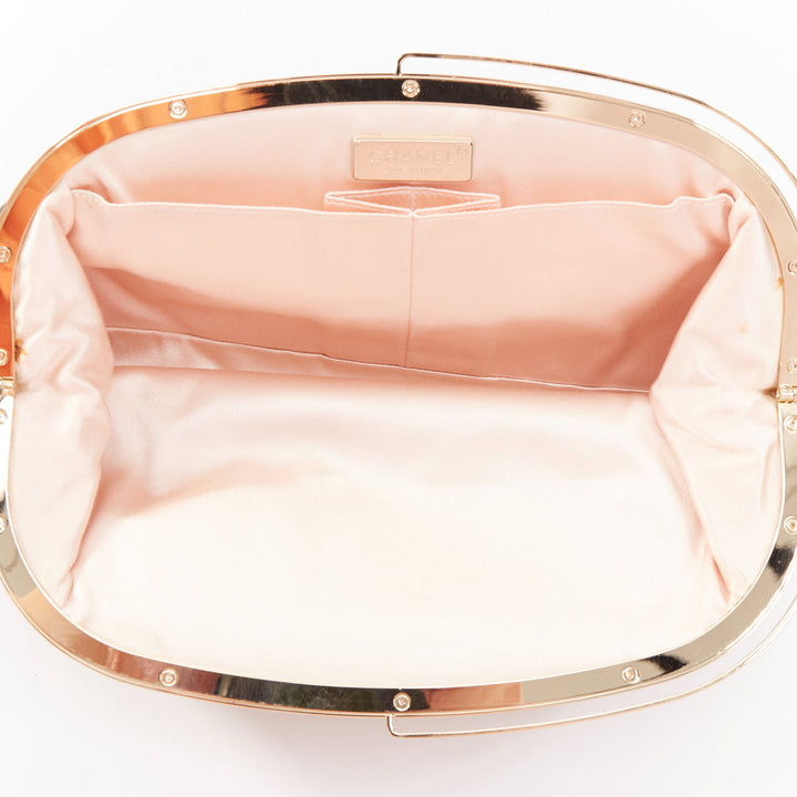 CHANEL Vintage black satin gold frame slide lock half moon evening clutch bag