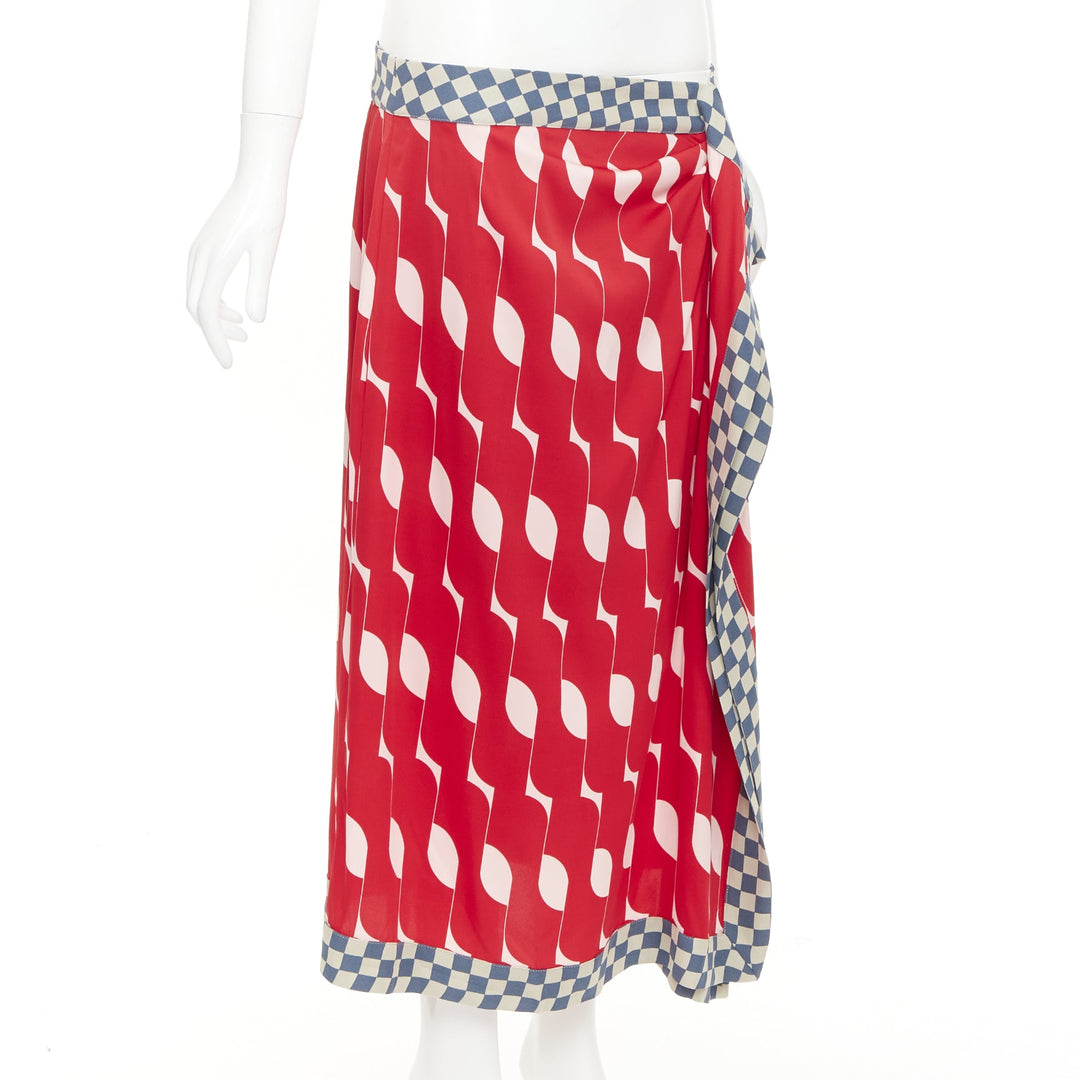 DRIES VAN NOTEN 2024 red silk geometric print wrap checkered midi skirt FR38 M