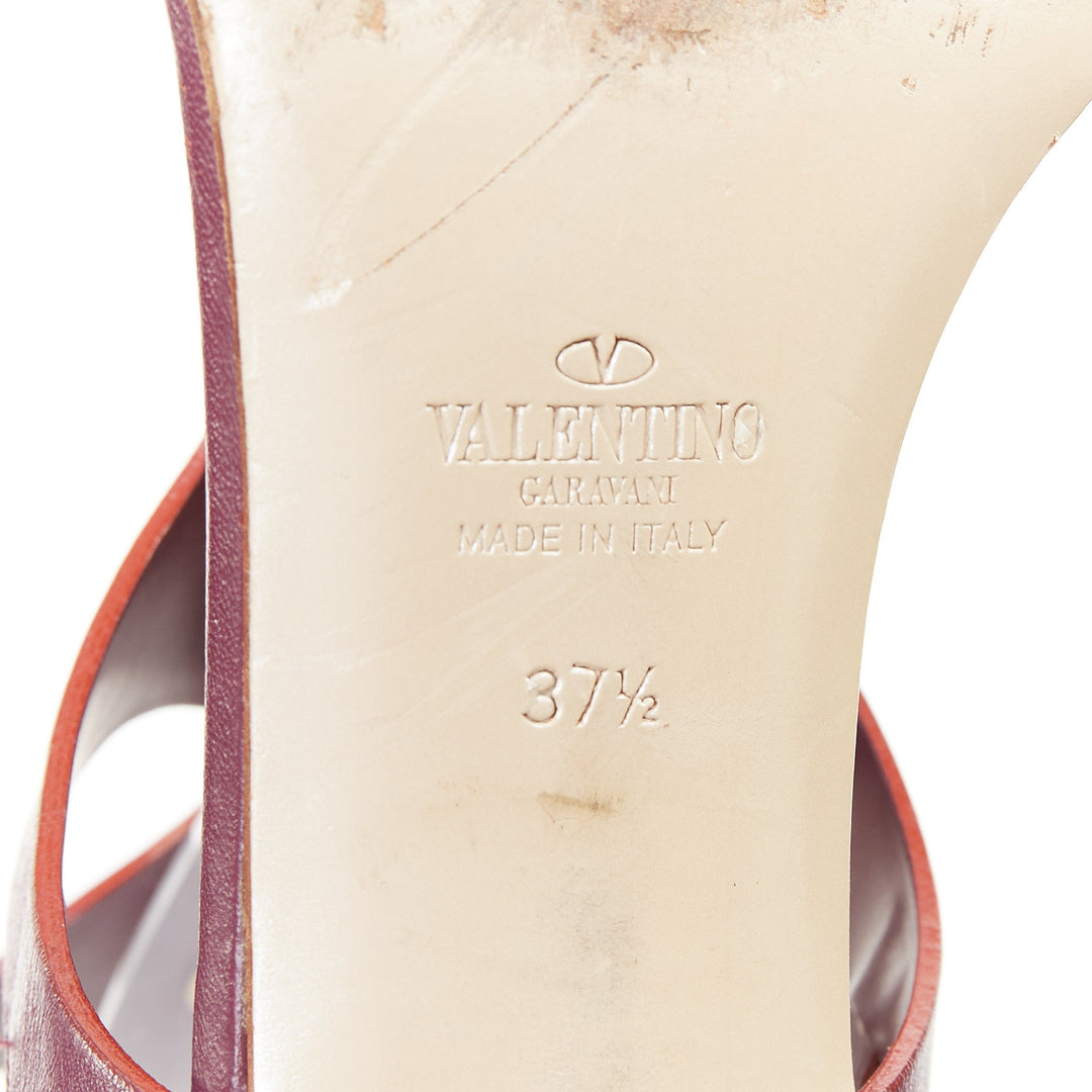 VALENTINO Rockstud dark red leather tstrap Roman Stud block heel sandals EU37.5