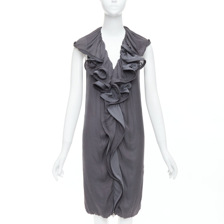 LANVIN 2008 grey silky trimmed ruffle collar V neck knee dress FR34 XS