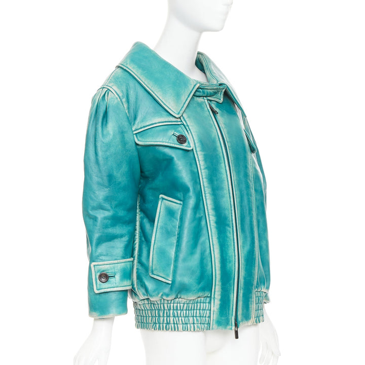 rare MIU MIU 2018 Runway green wash distress lambskin oversized jacket IT36 XXS